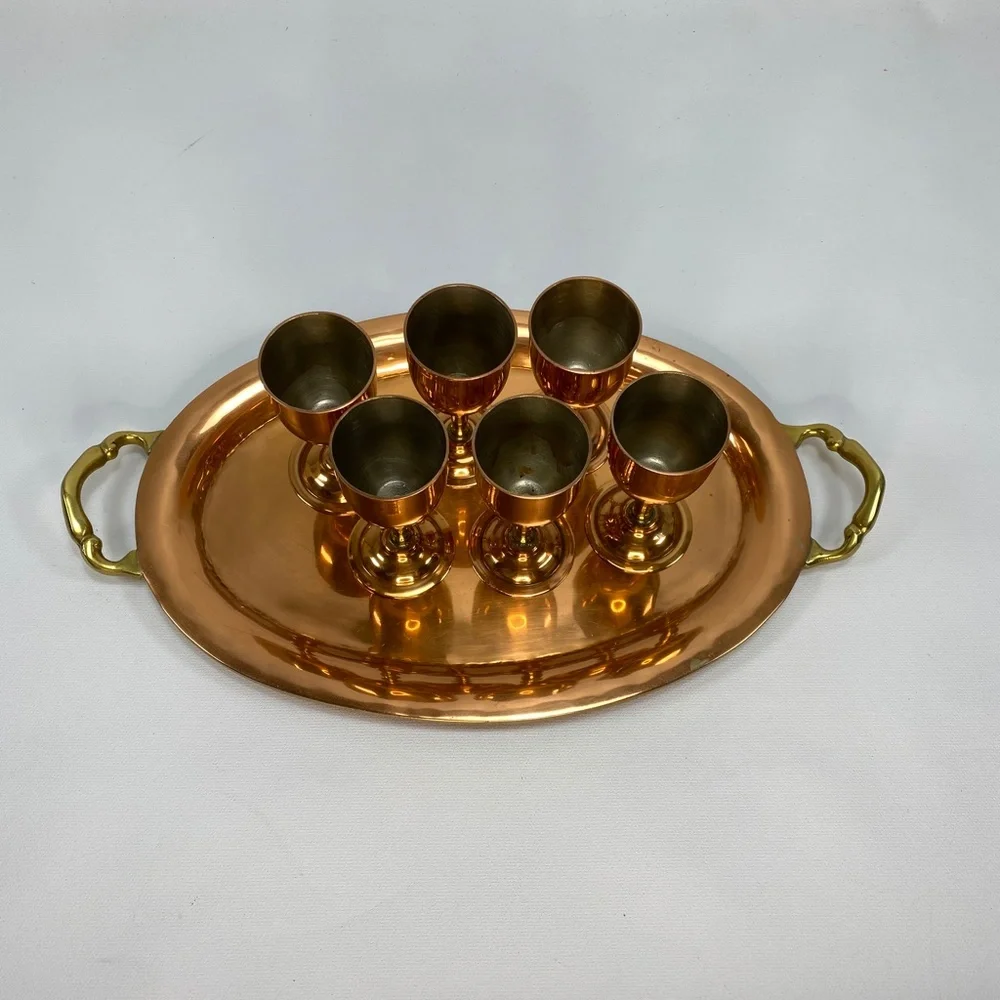 VTG Mexico Brass Copper Plate 6 Tequila Stem Cups & Oval Tray w Handles 11 x 7